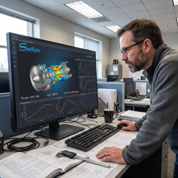 Engineer reviewing a gas turbine simulation model