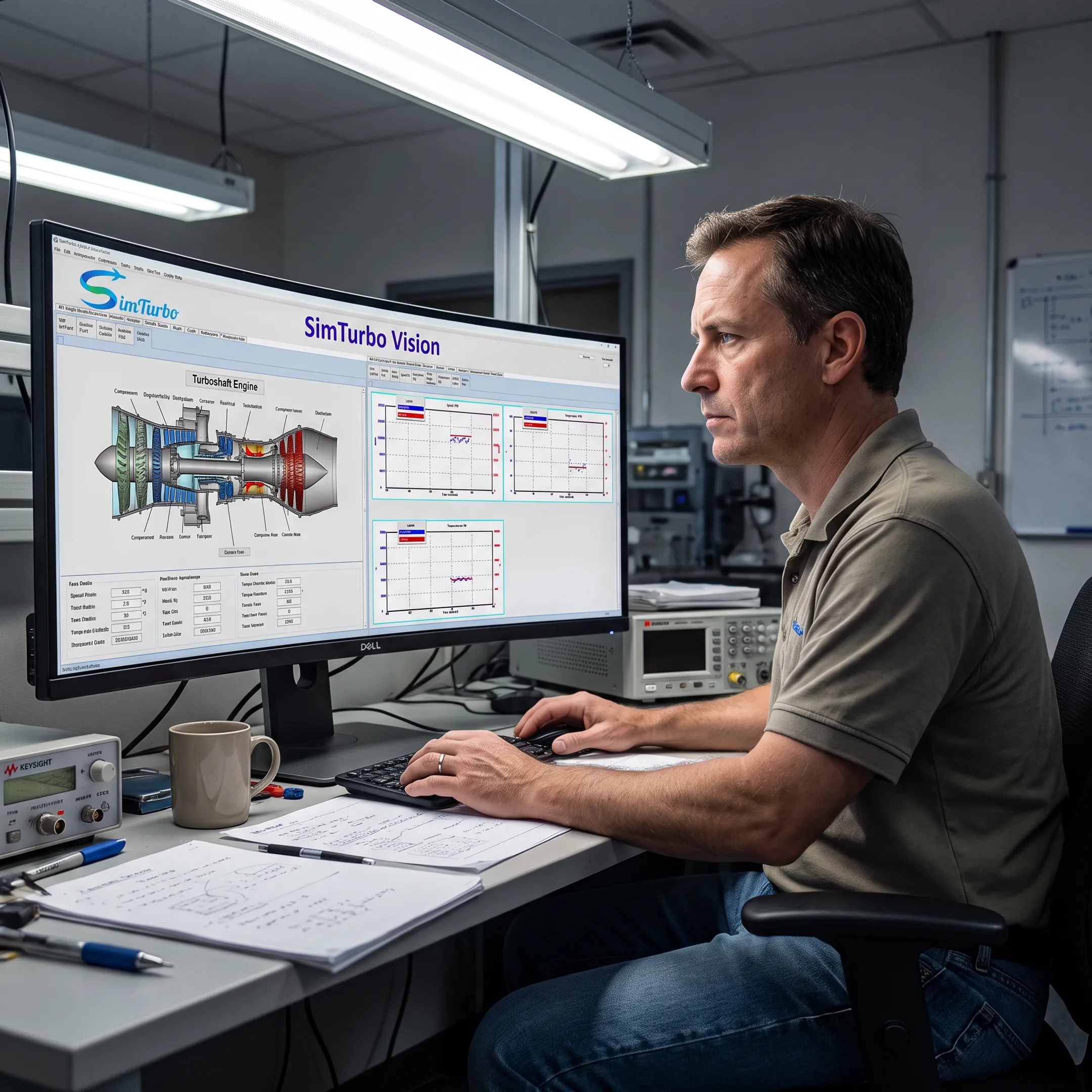 Engineer reviewing a turboshaft engine simulation