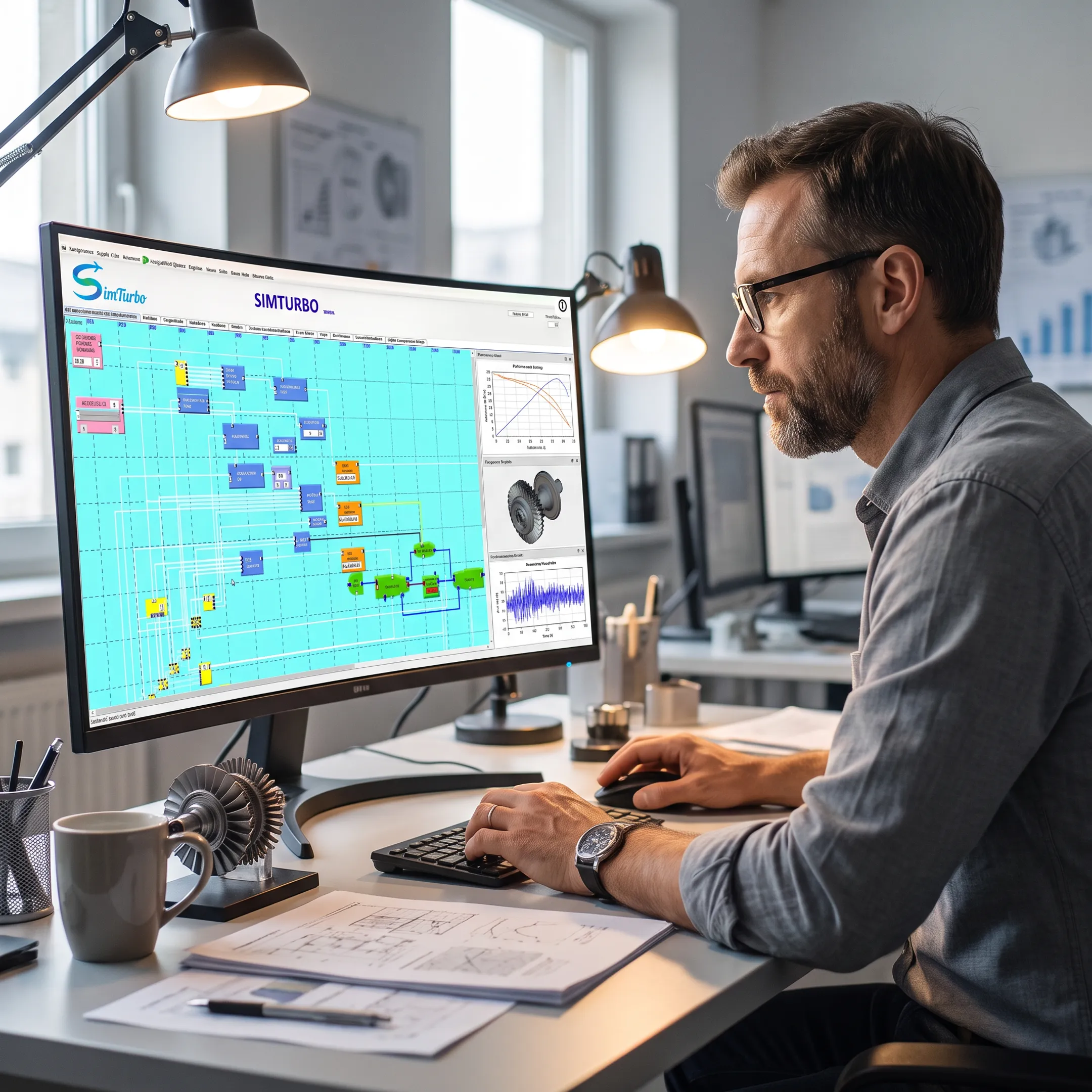 Engineer reviewing a gas turbine simulation model