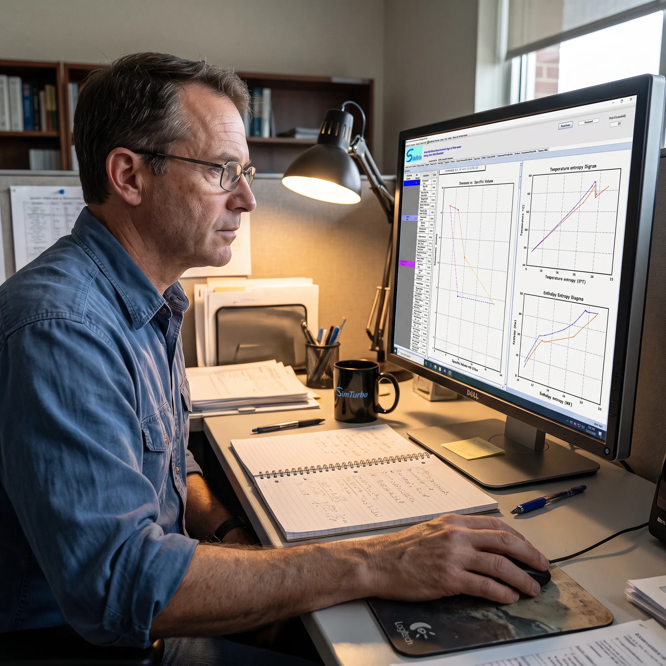 Engineer reviewing a supercritical CO2 turbine simulation