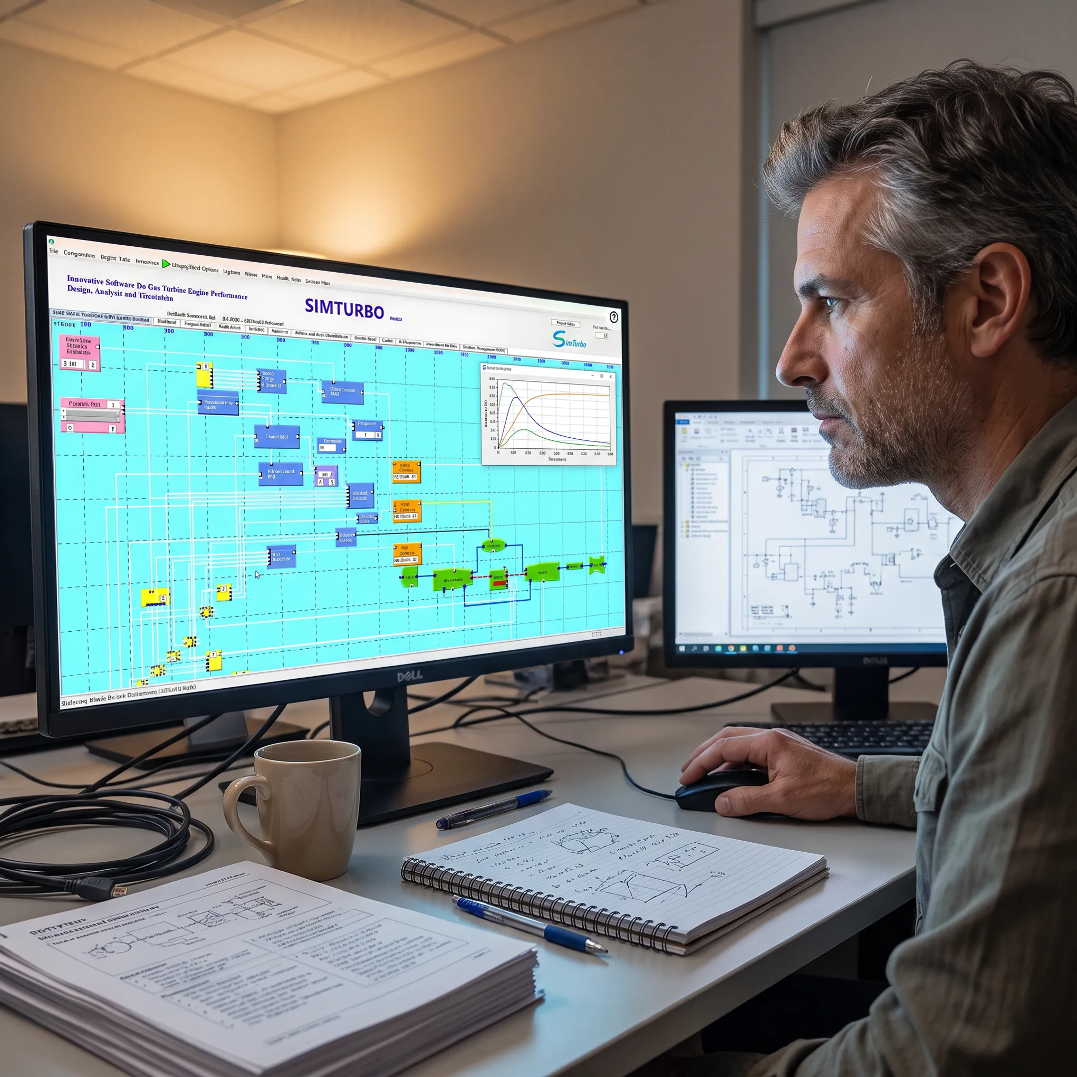 Engineer reviewing a gas turbine control simulation
