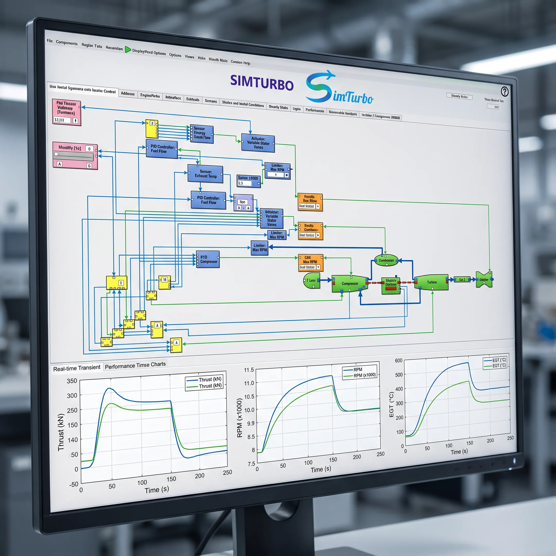 Gas turbine control model with live simulation graphs