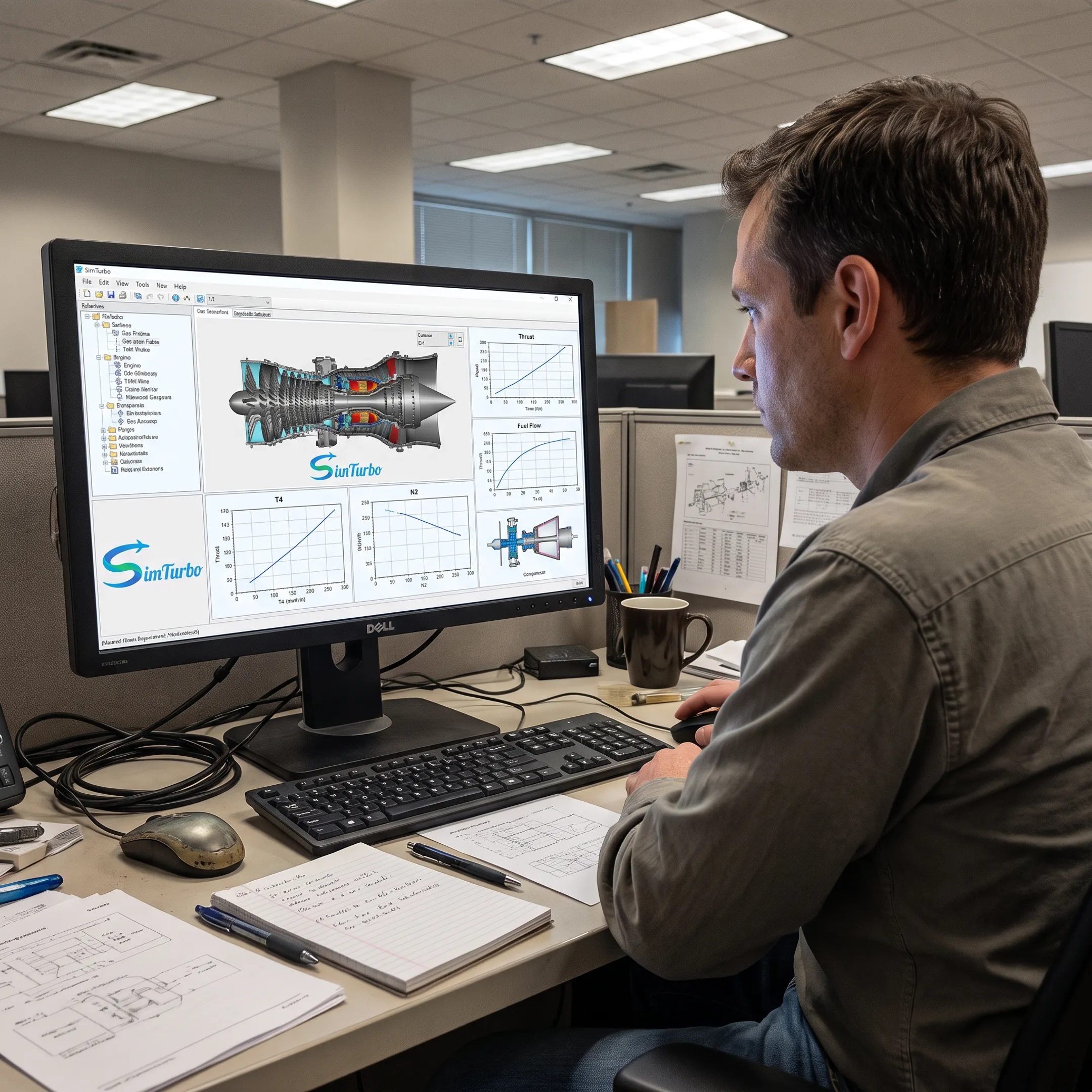 Engineer reviewing a gas turbine simulation model