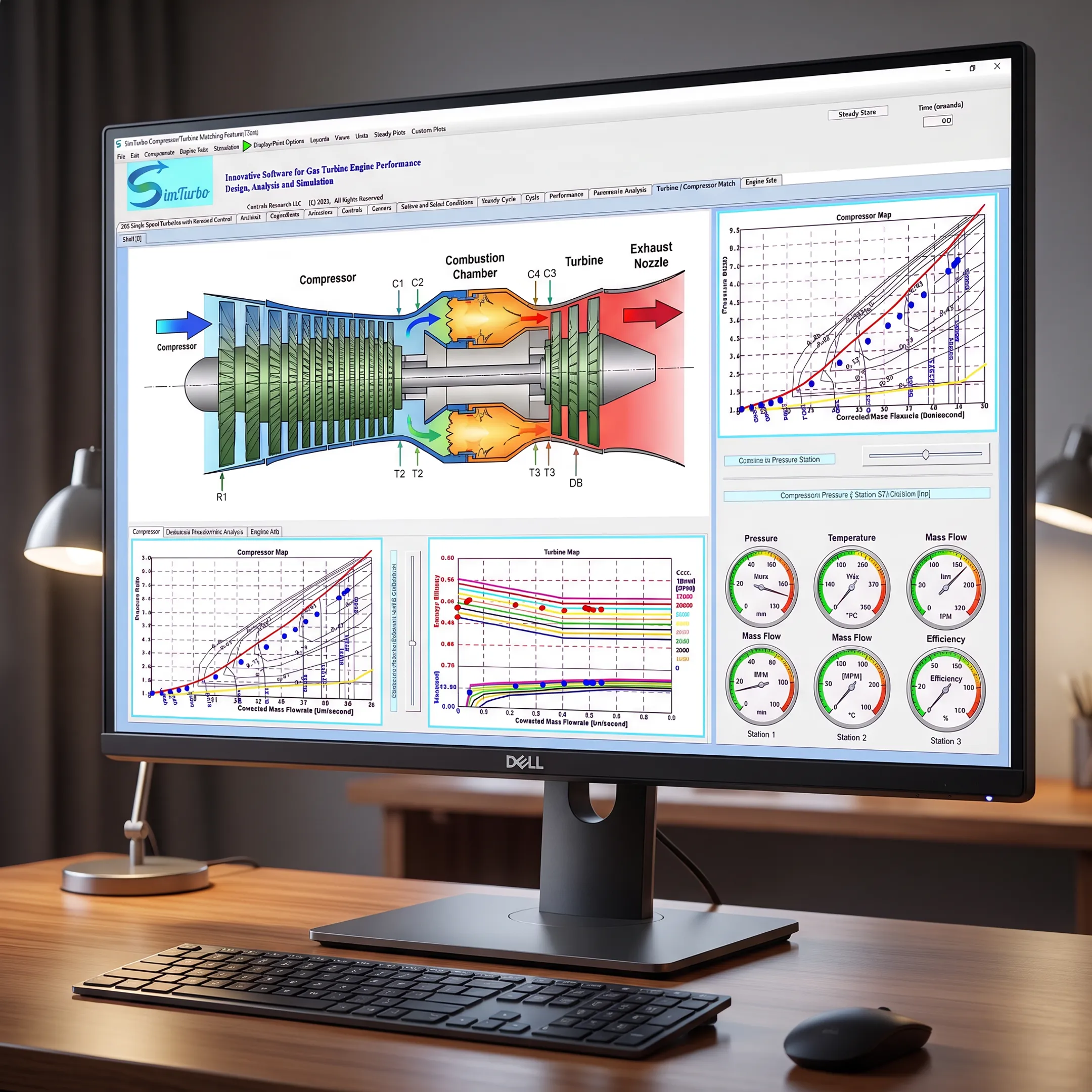 Gas turbine simulation model and performance graphs