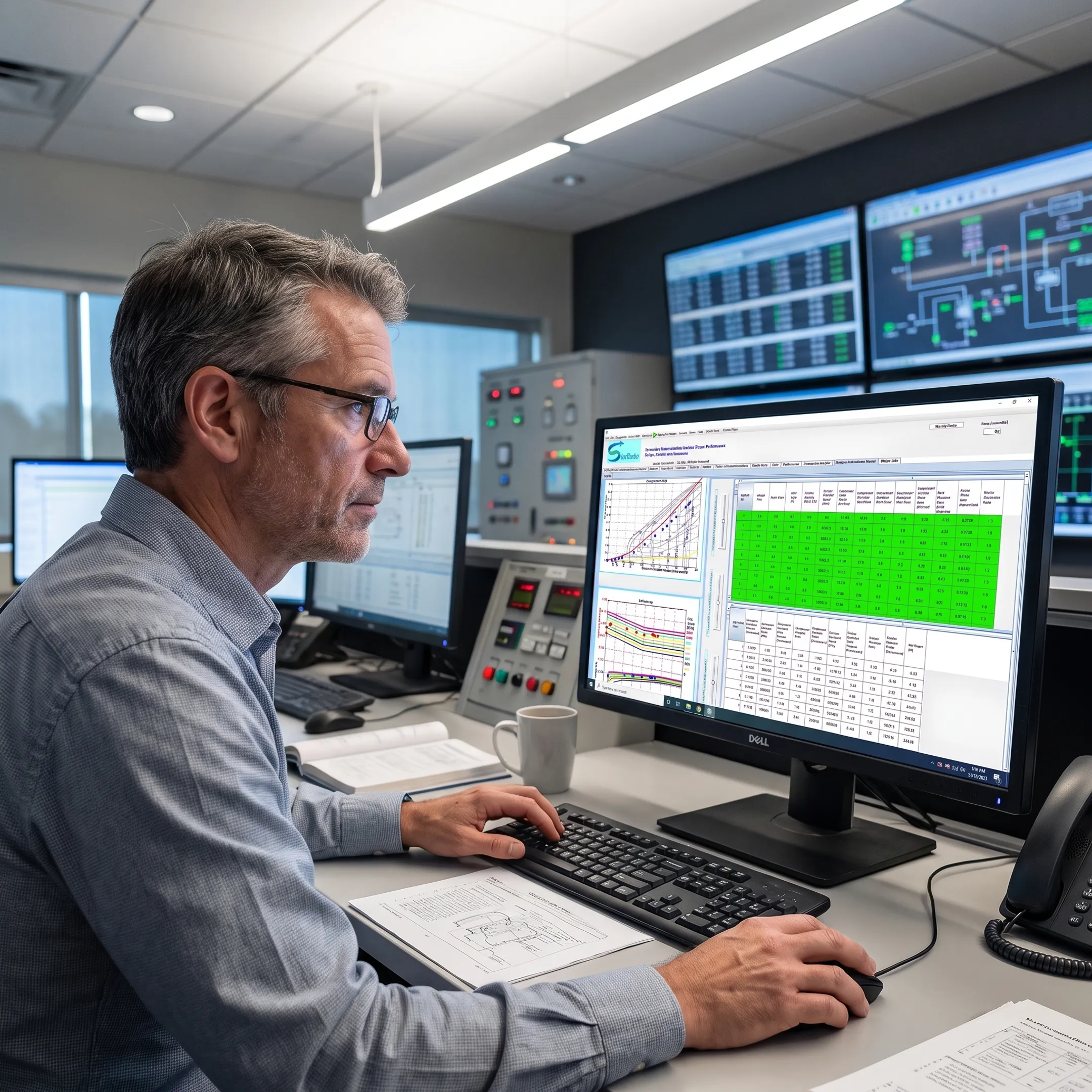 Engineer reviewing gas turbine power plant simulation
