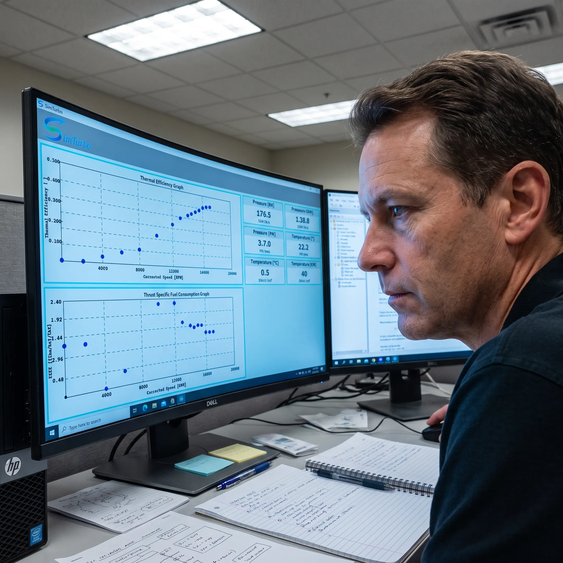 Engineer reviewing a gas turbine simulation model