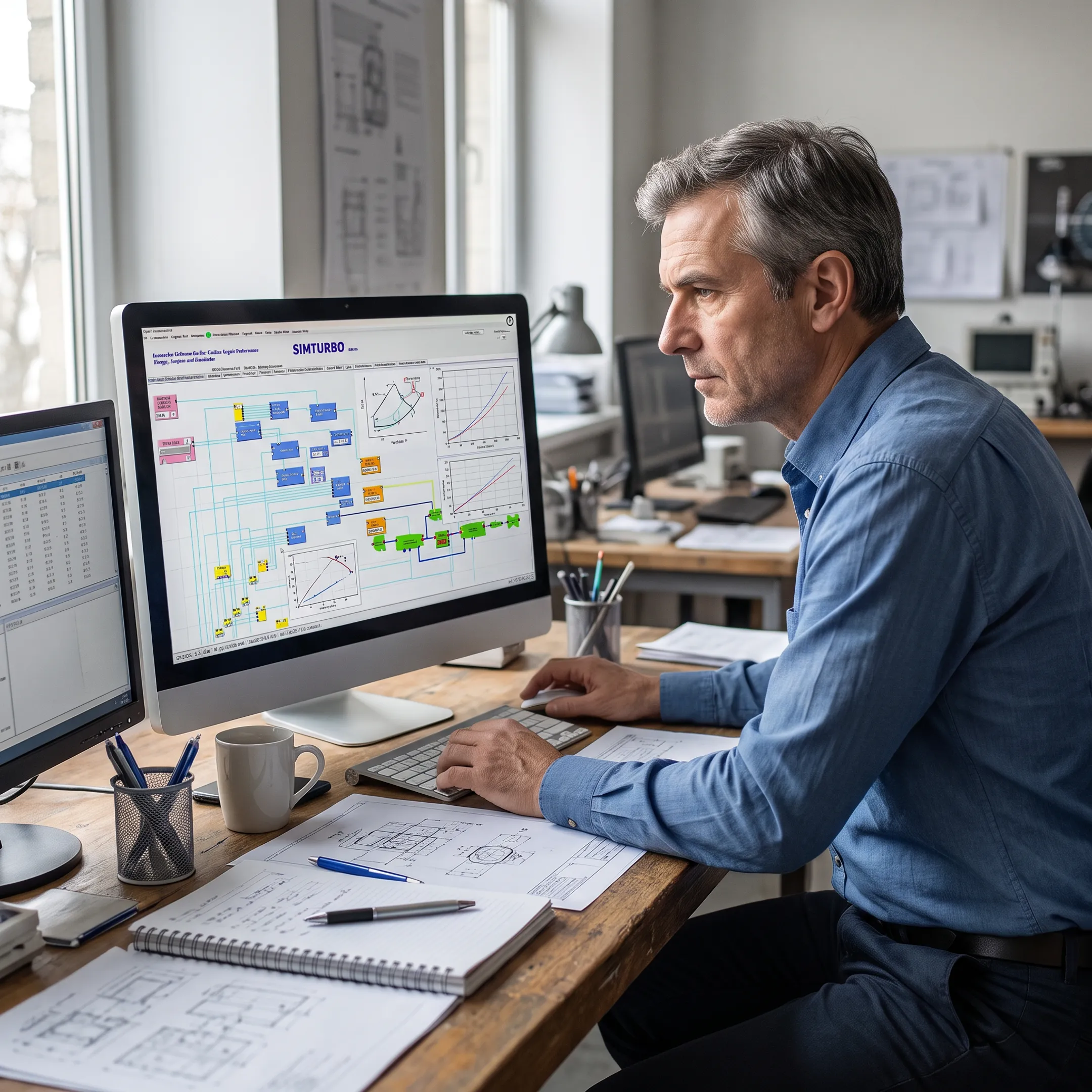 Engineer reviewing a gas turbine simulation