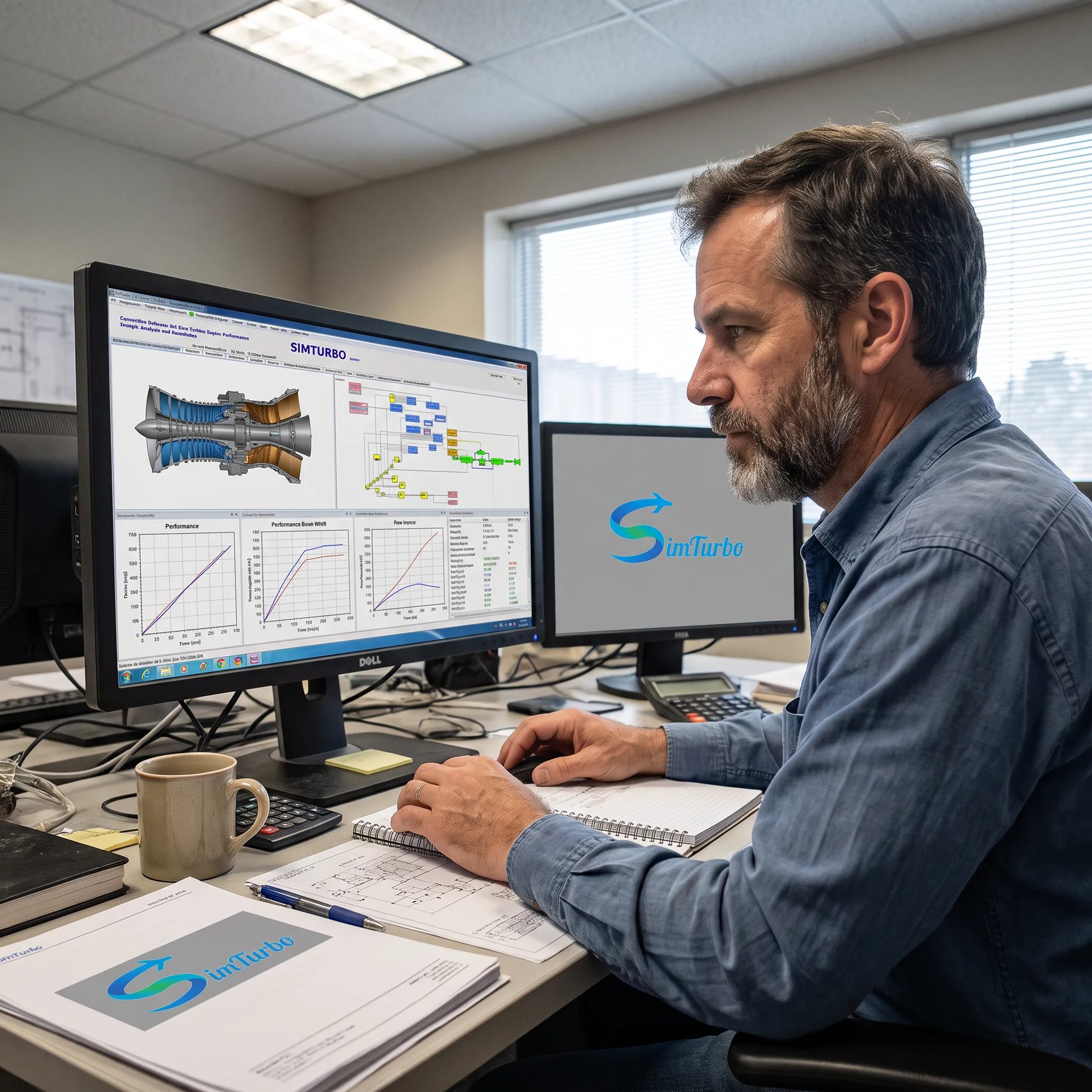 Engineer reviewing a gas turbine simulation model