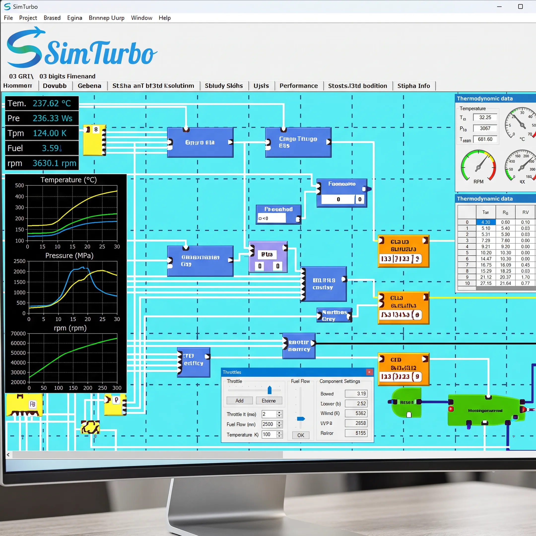 Gas turbine simulation model and performance graphs