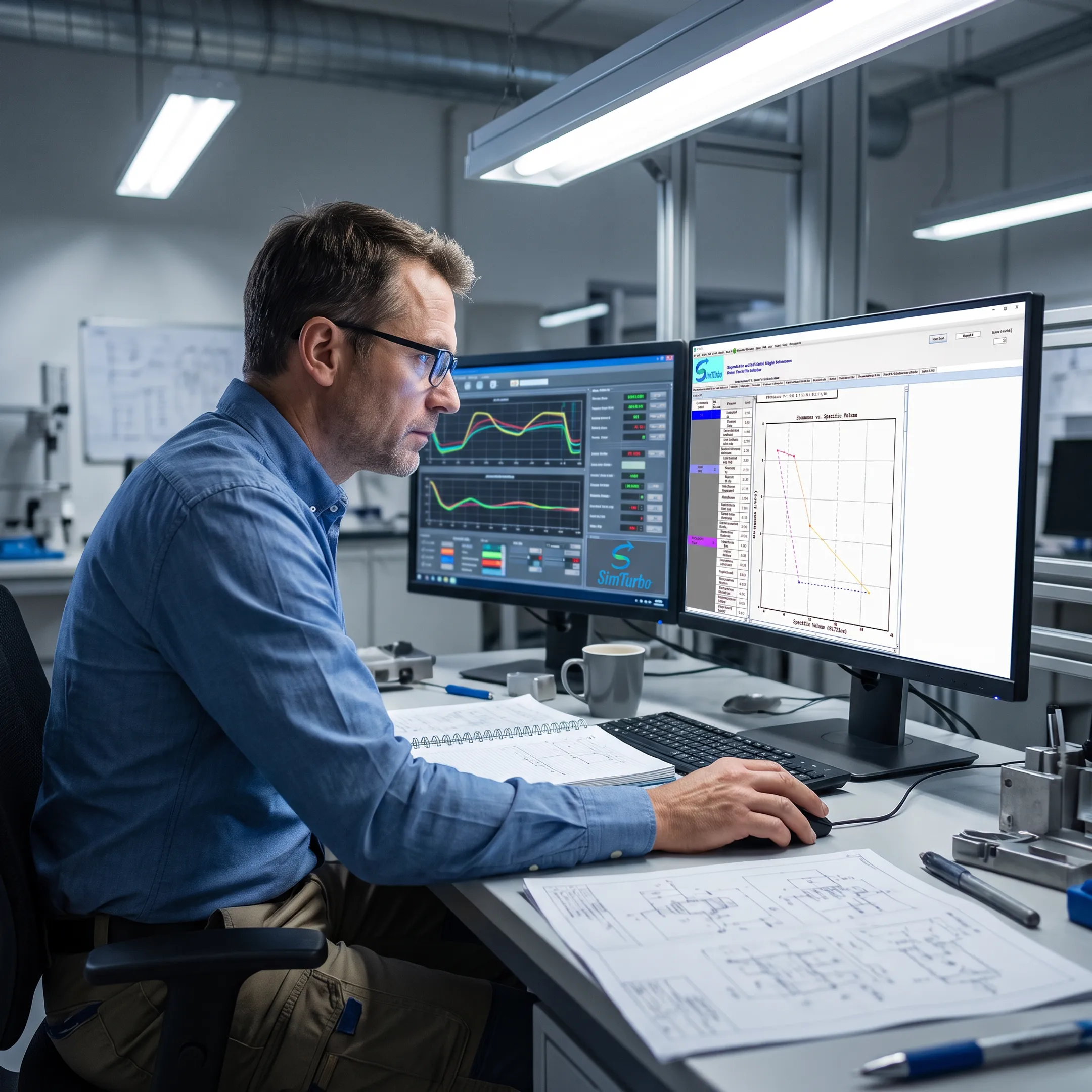 Engineer reviewing a gas turbine simulation model