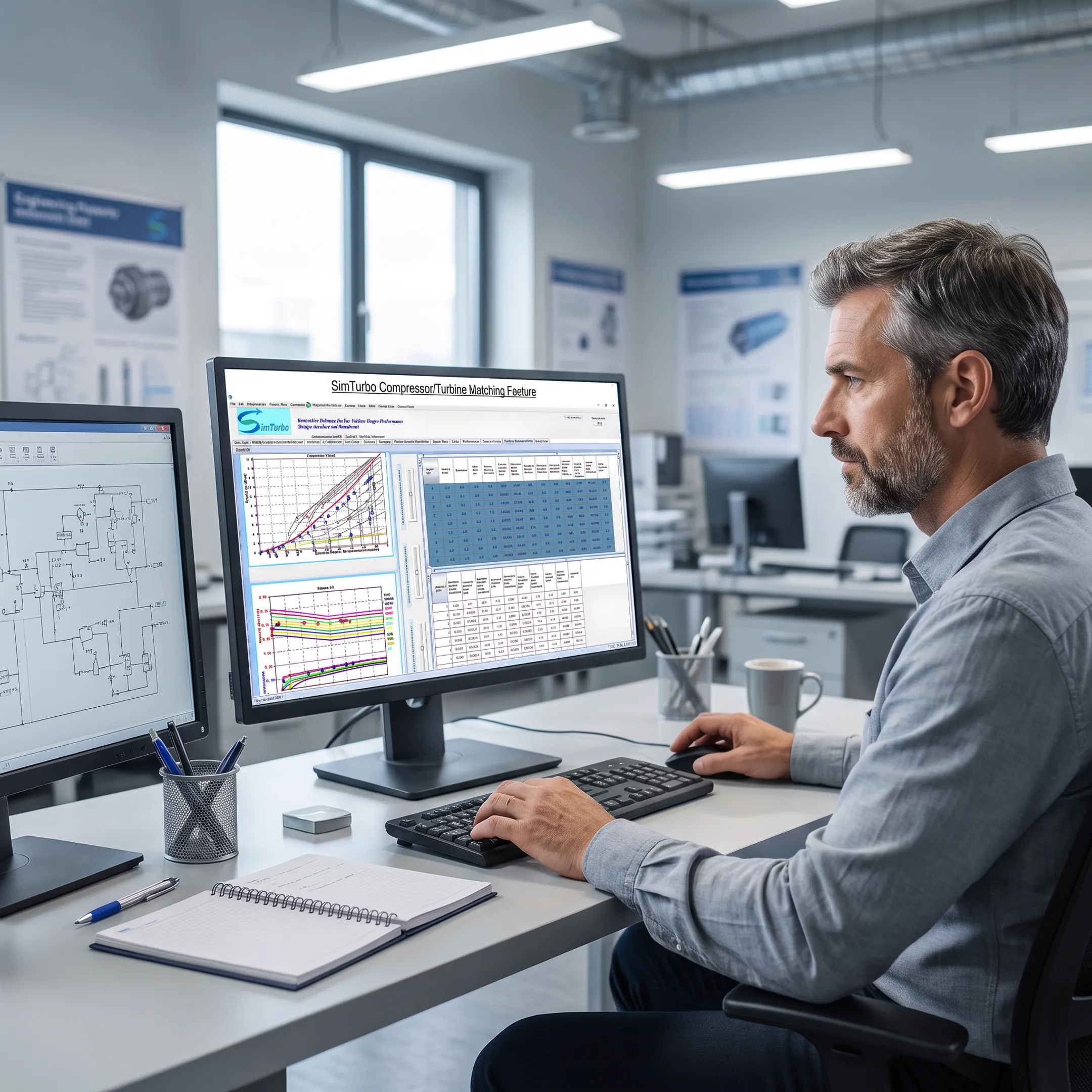 Engineer reviewing a gas turbine simulation model