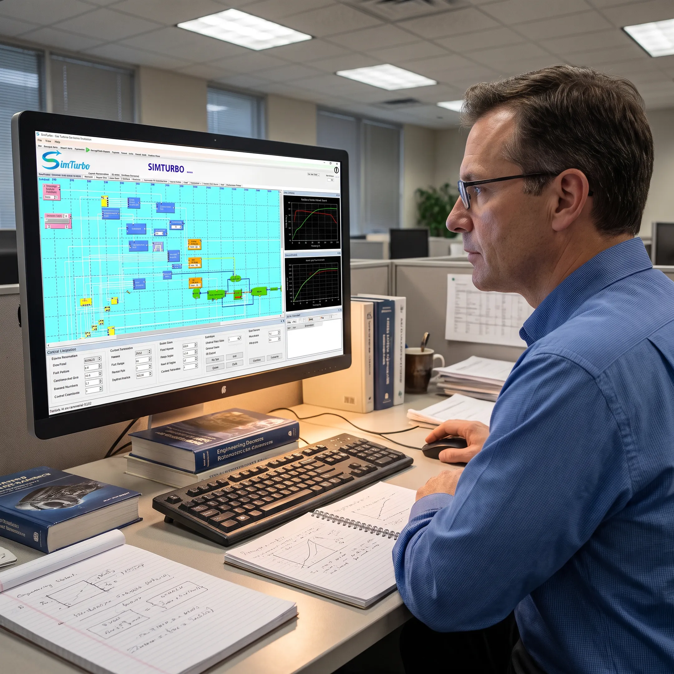 Engineer reviewing gas turbine simulation software