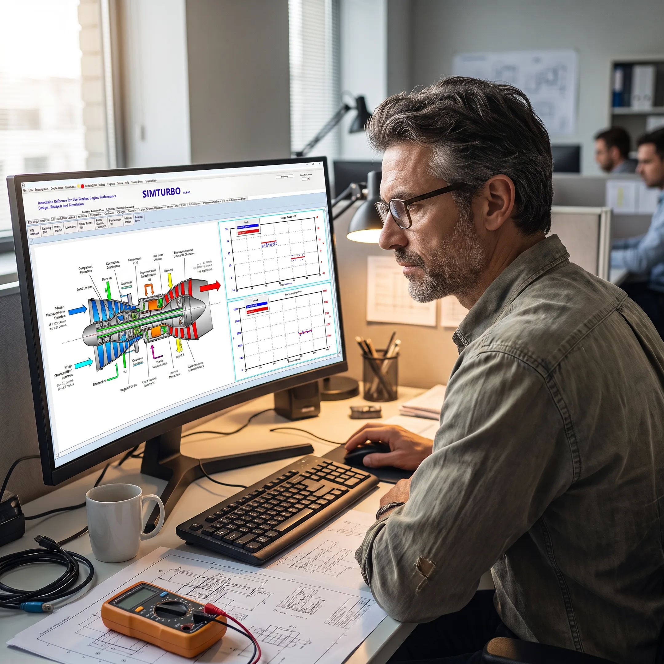 Engineer reviewing a gas turbine simulation model
