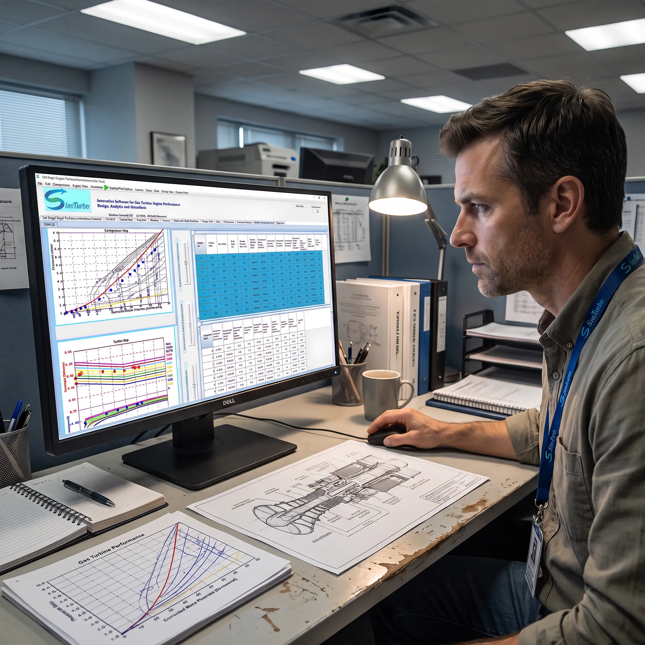 Engineer reviewing gas turbine simulation data