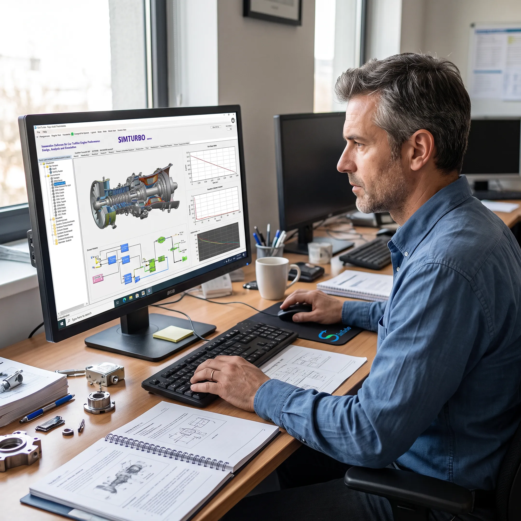 Engineer reviewing gas turbine power system simulation