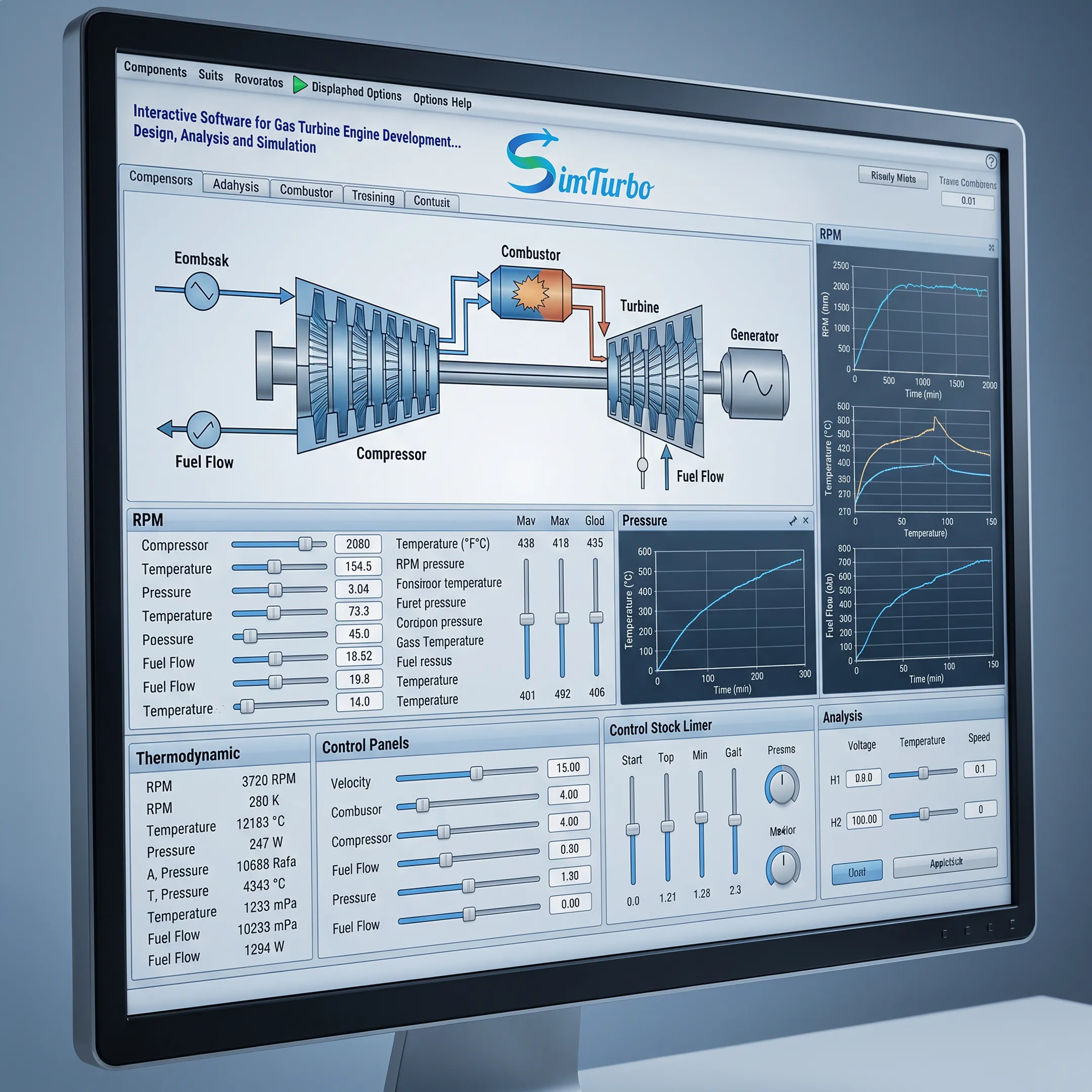 Gas turbine simulation dashboard with performance charts