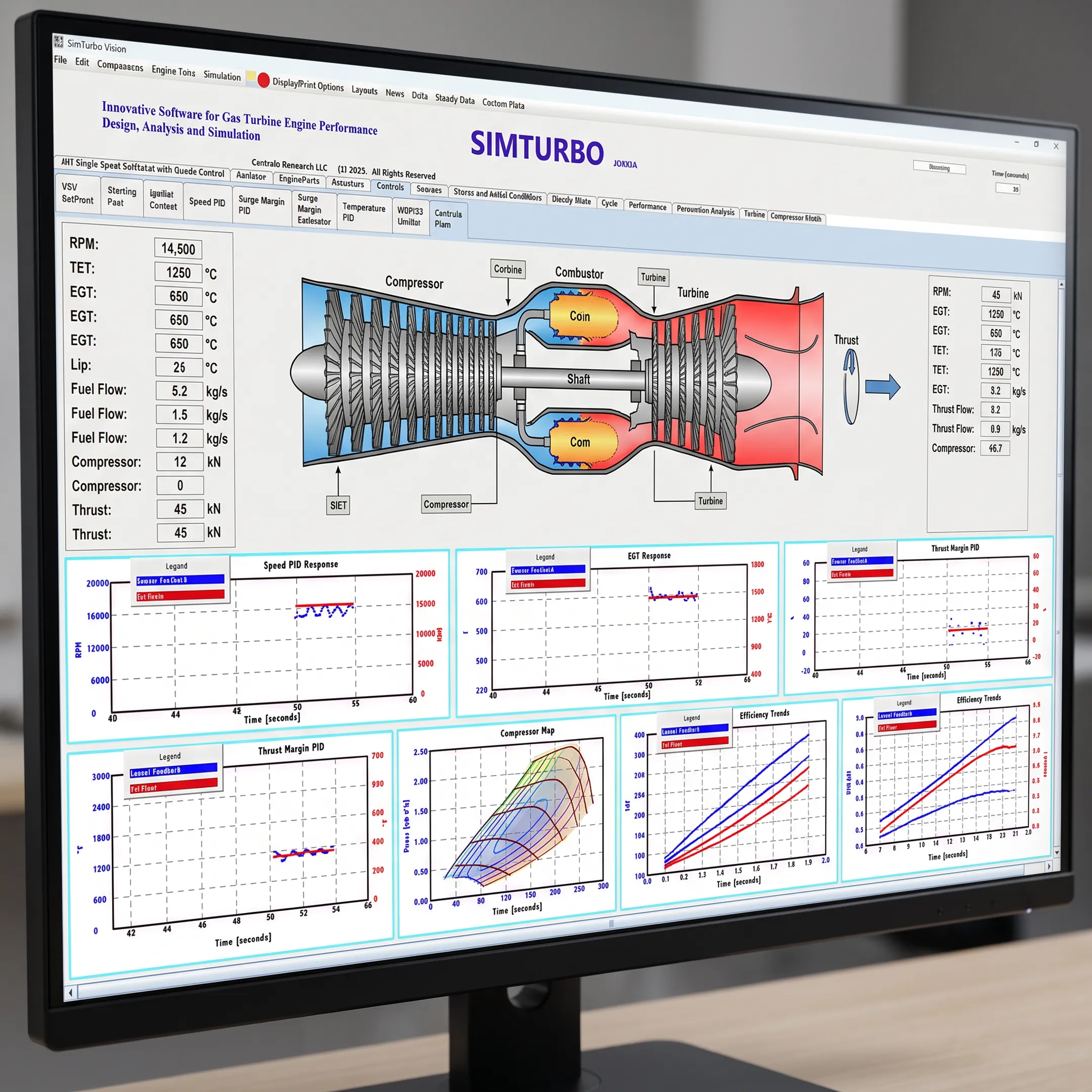 Gas turbine simulation dashboard with performance graphs