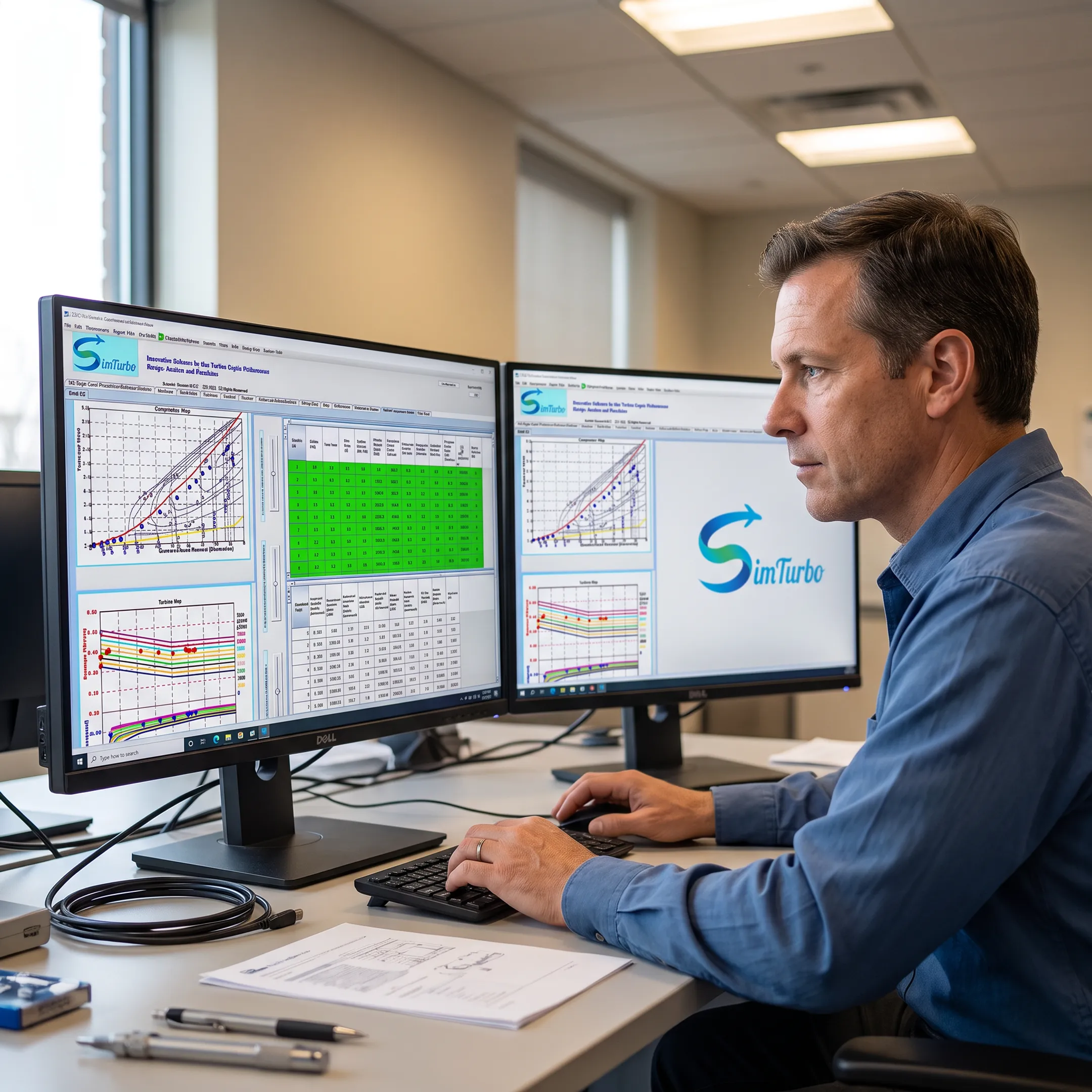 Engineer reviewing a gas turbine power plant simulation