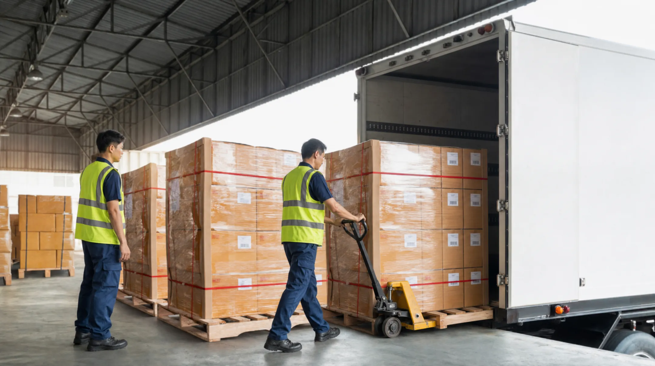 Warehouse workers loading pooled pallets onto delivery truck for retail shipment