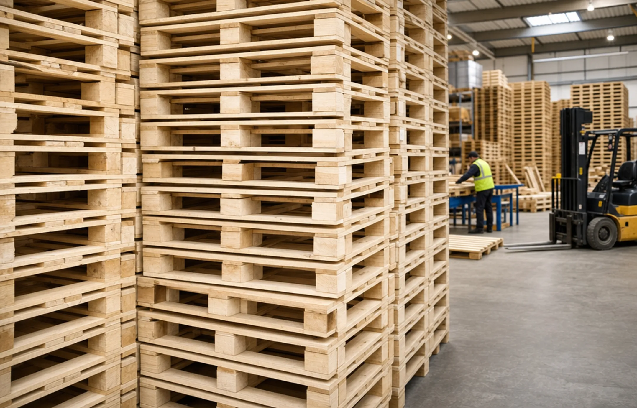 Stacked wooden pallets in industrial warehouse ready for distribution