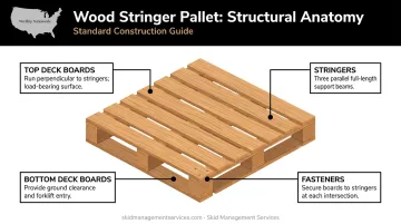 Wood stringer pallet anatomy diagram showing four main structural components