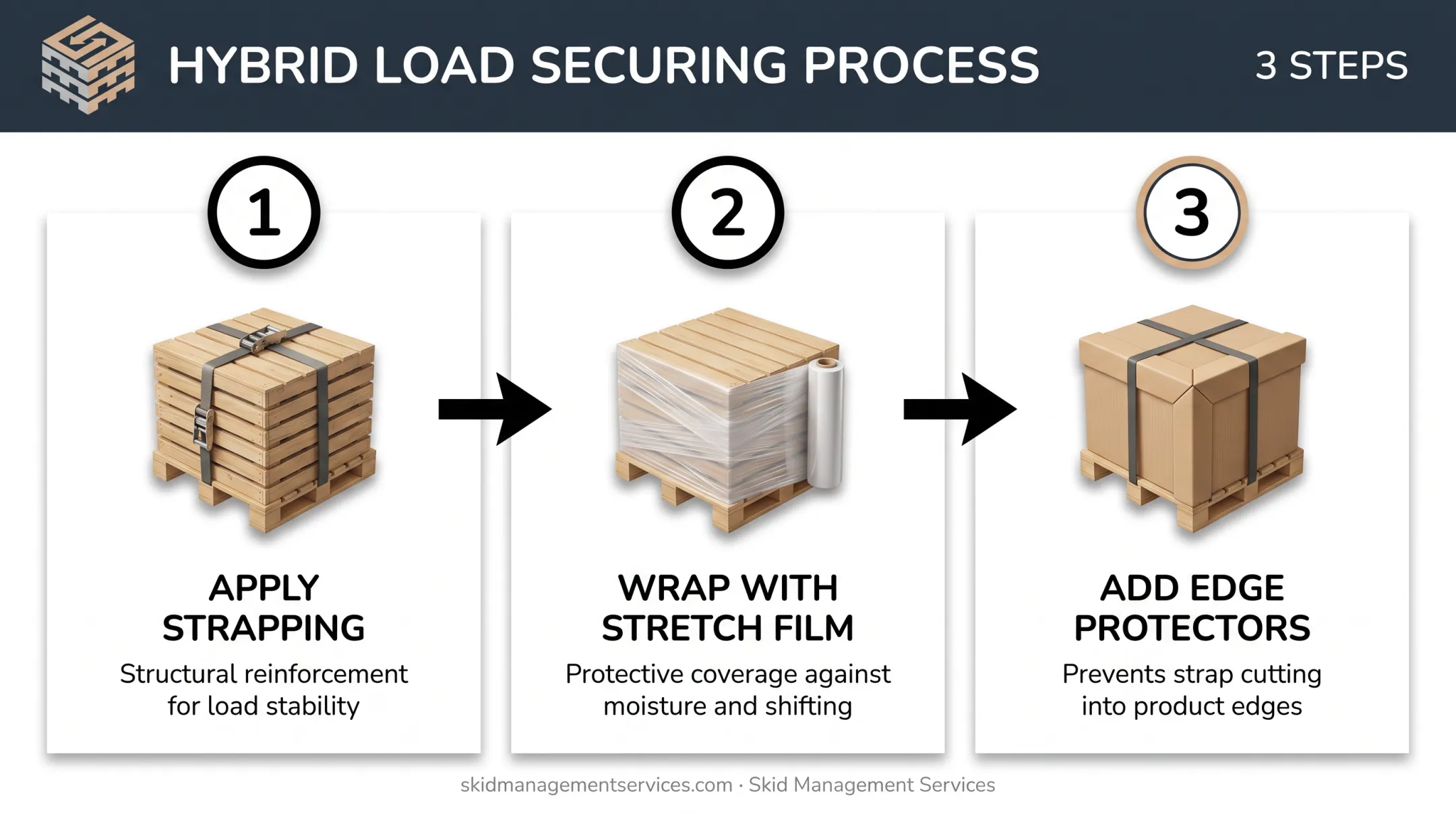 Three-step hybrid pallet securing process combining strapping wrap and edge protectors