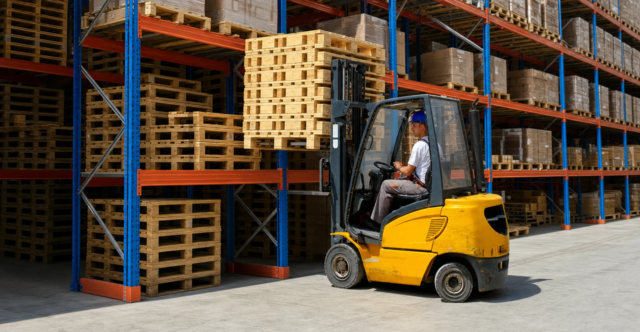 Warehouse forklift lifting loaded wood pallet in industrial storage rack