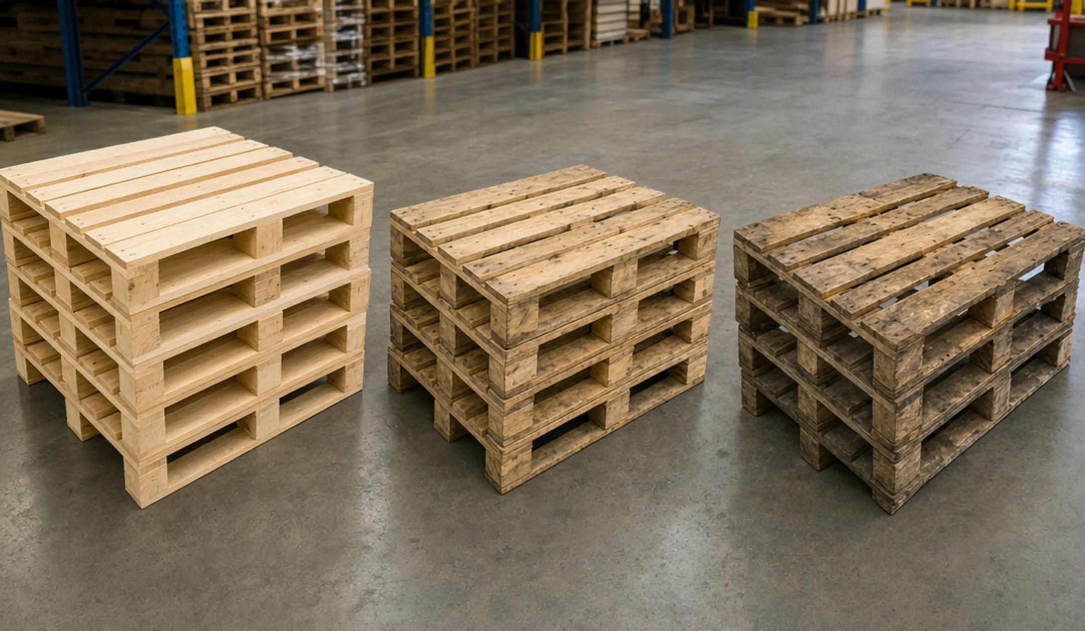 Wooden pallet stack showing structural condition inspection in warehouse