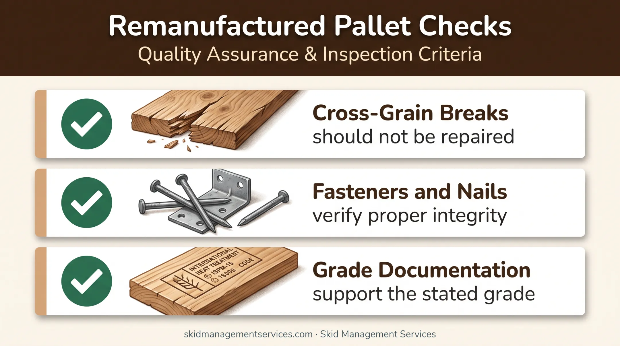 Three remanufactured pallet inspection checks before shipment acceptance
