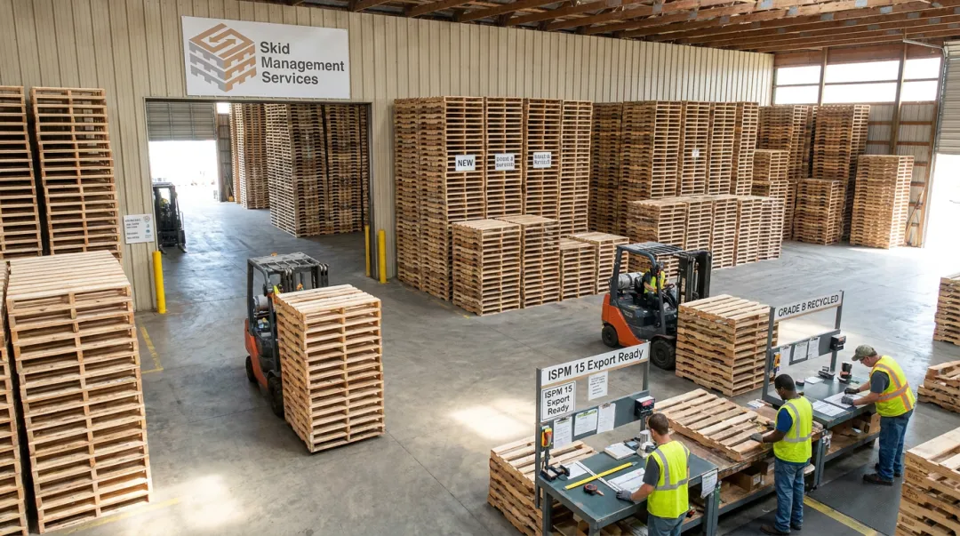 Skid Management Services warehouse inventory of quality-controlled wooden pallets