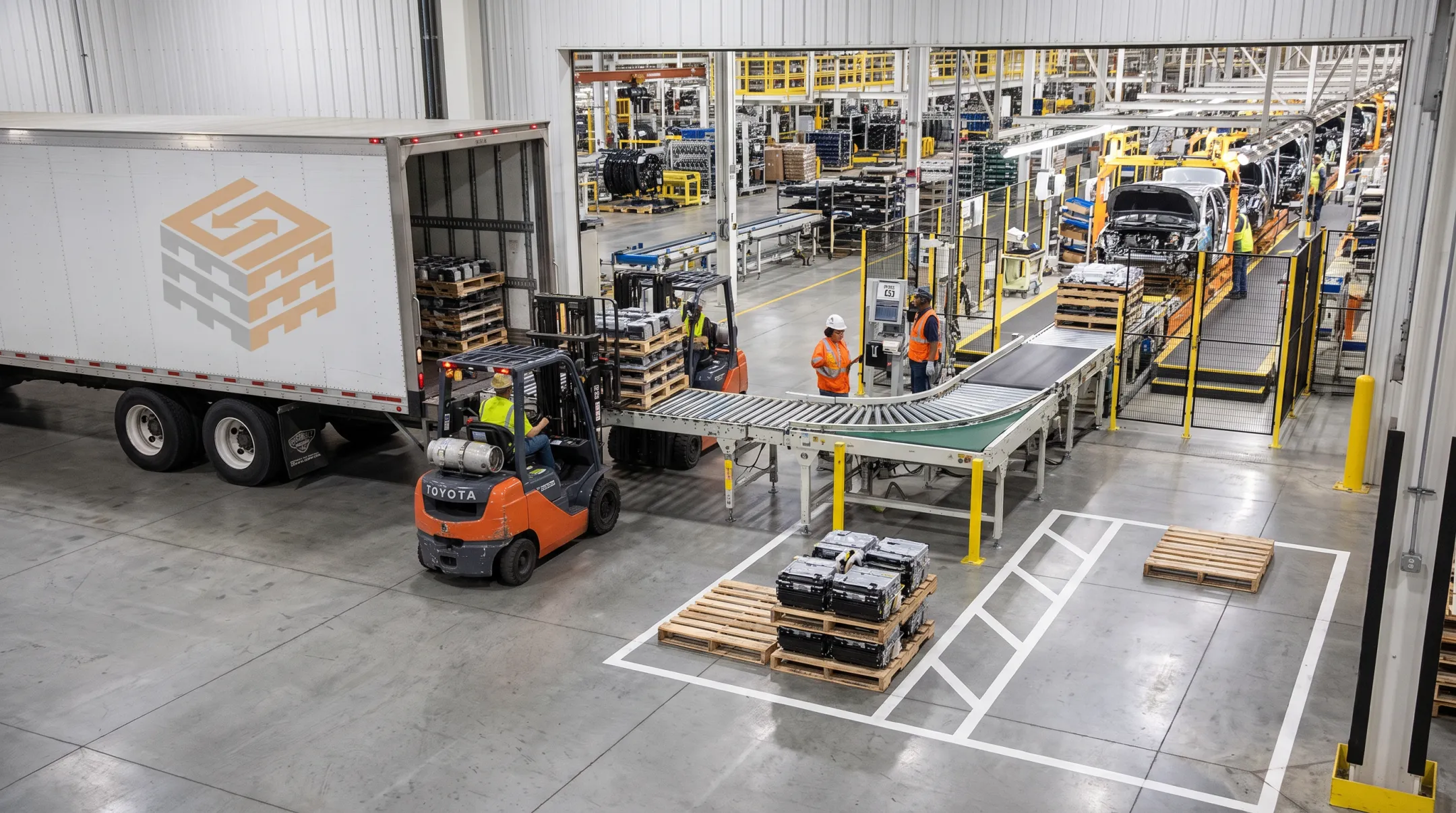 Just-in-time pallet delivery truck at automotive plant loading dock