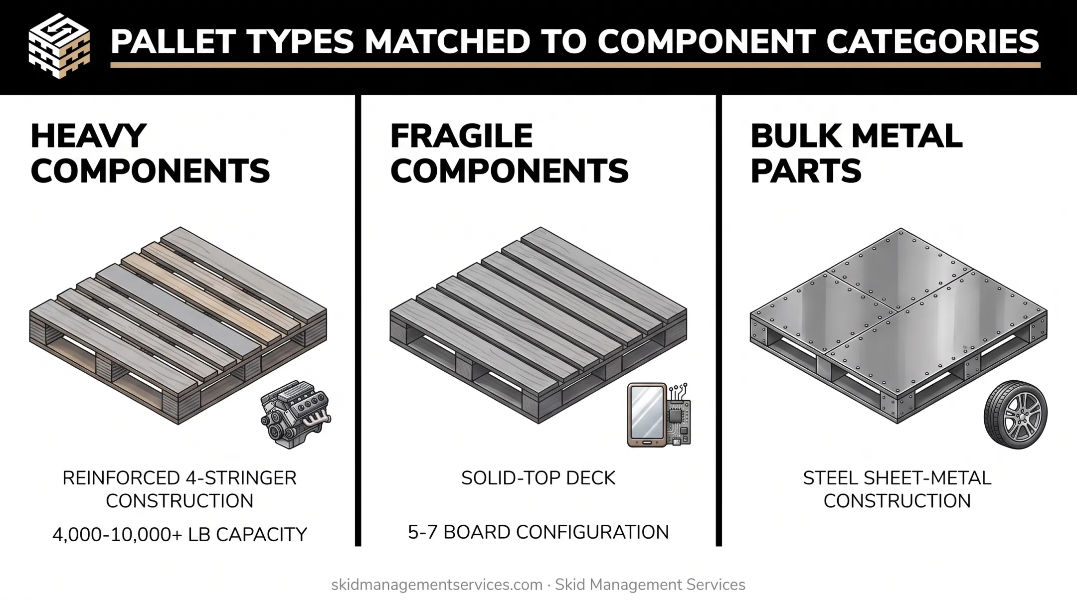 Custom automotive pallet specifications by component type comparison chart