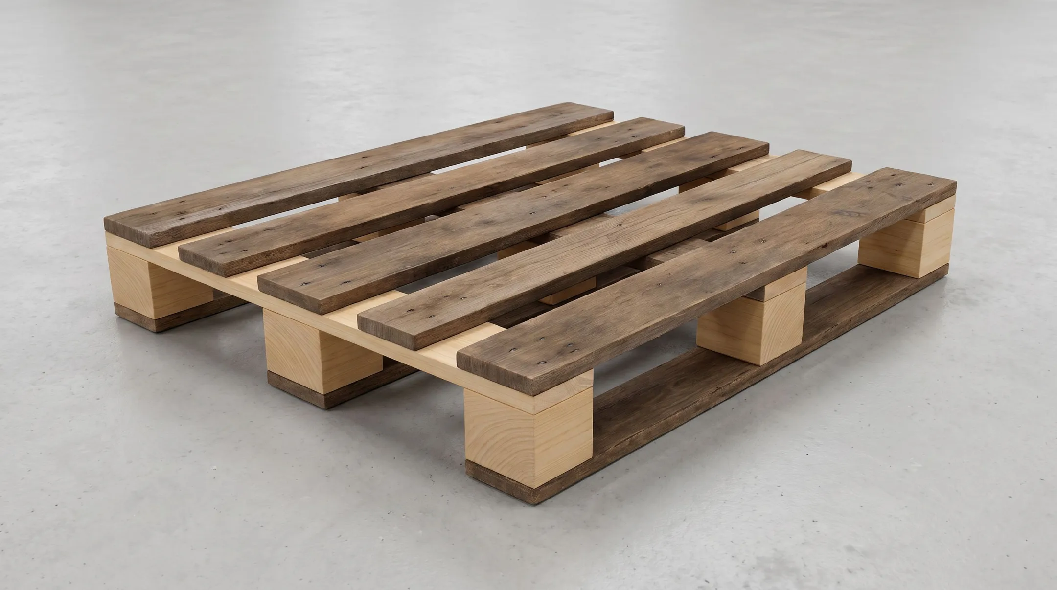 Combo pallet construction with new stringers and recycled deck boards