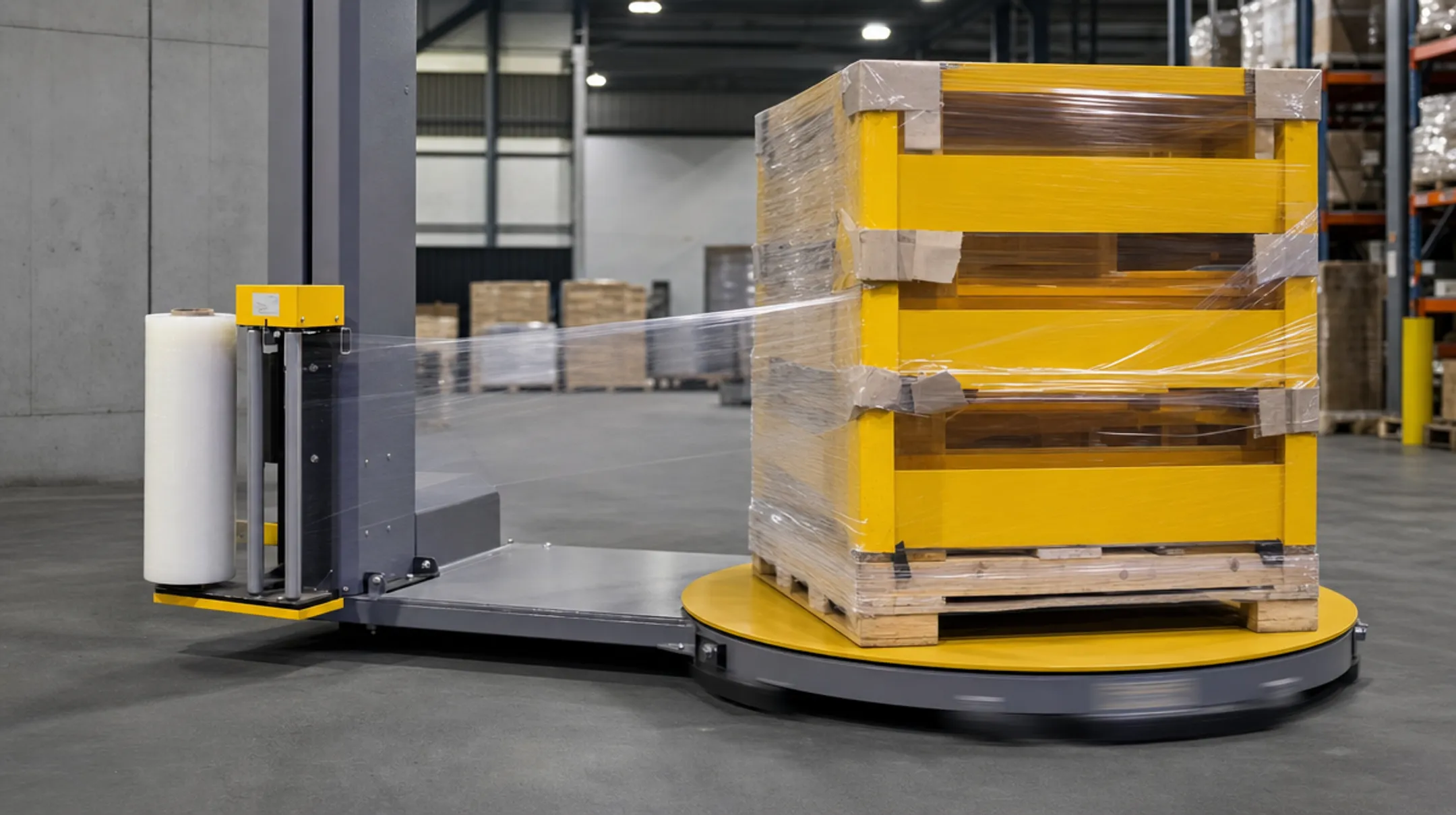 Industrial stretch wrapping machine applying film to palletized load