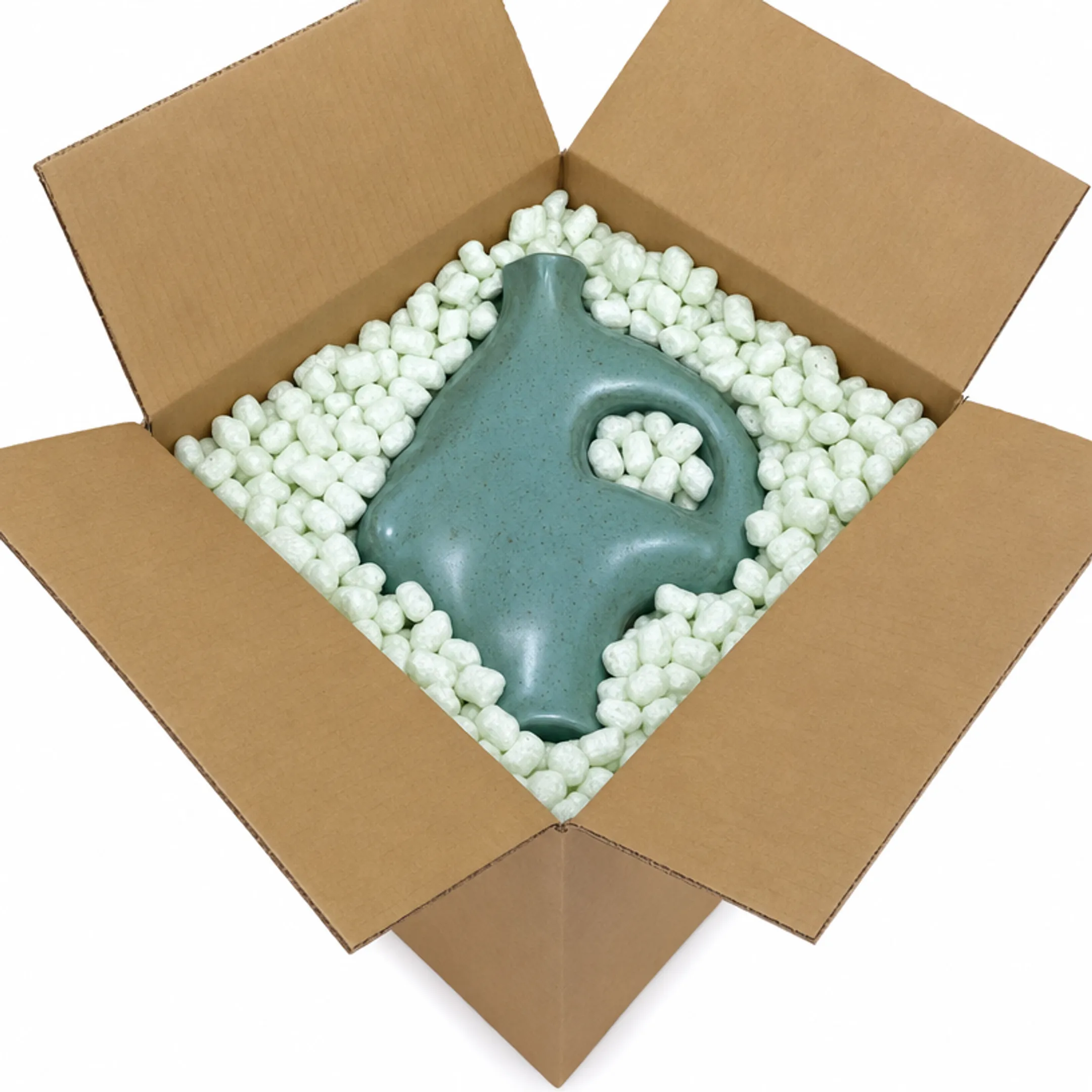 Biodegradable packing peanuts filling gaps around a shipped product
