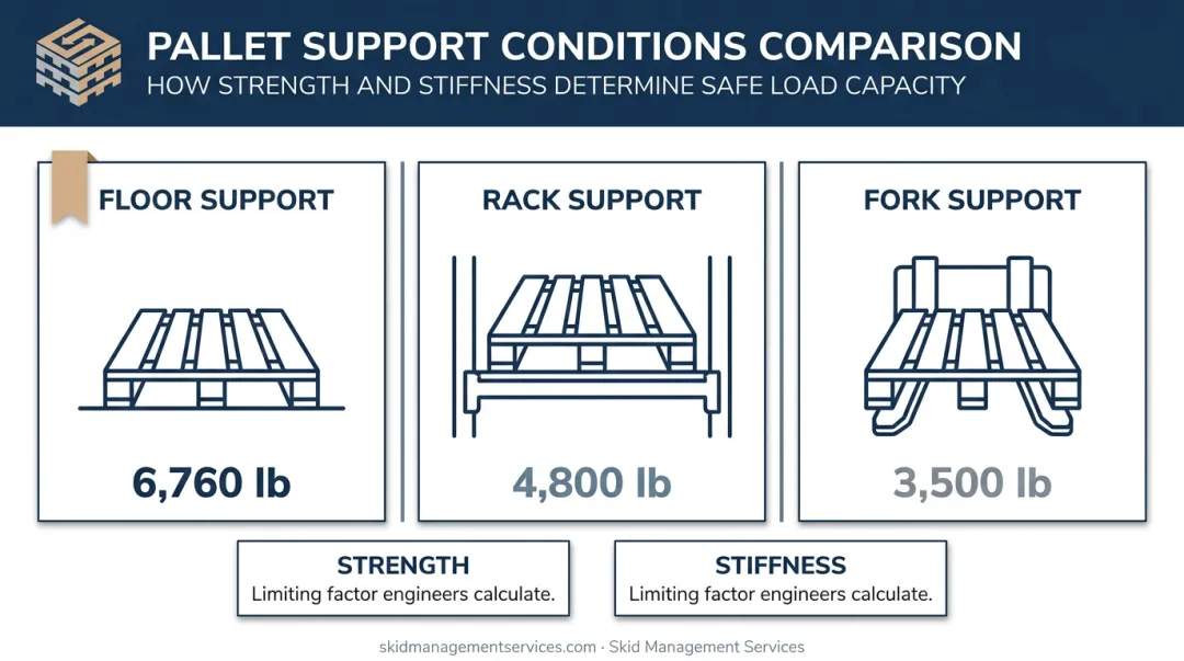 Pallet support condition comparison showing floor rack and fork capacity differences
