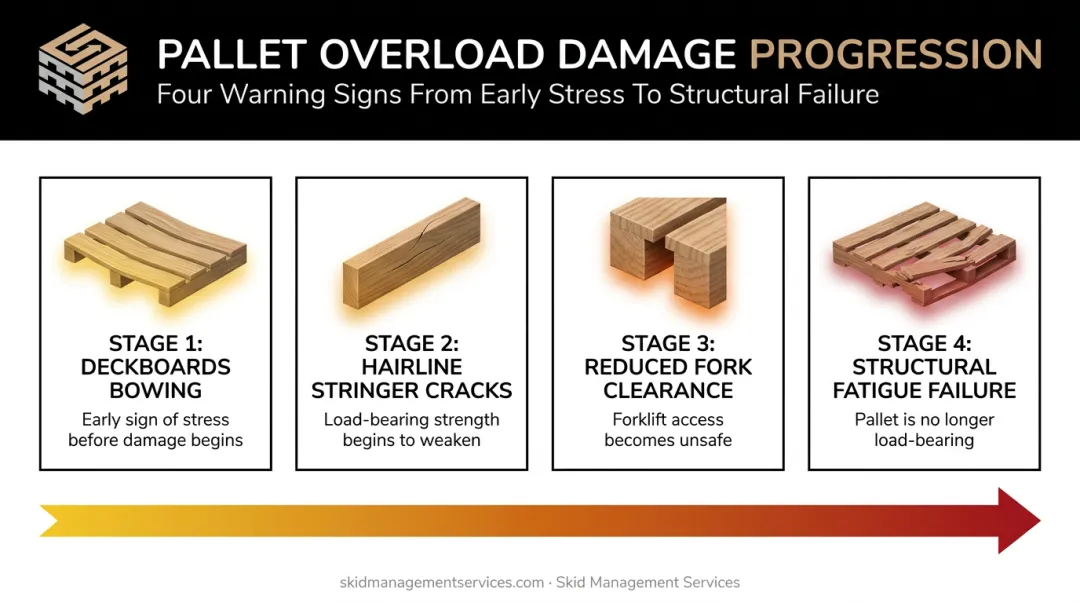 Progressive pallet damage timeline from overloading to structural failure