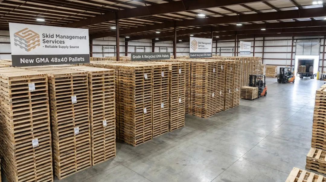 Stacked new and recycled GMA pallets ready for warehouse distribution