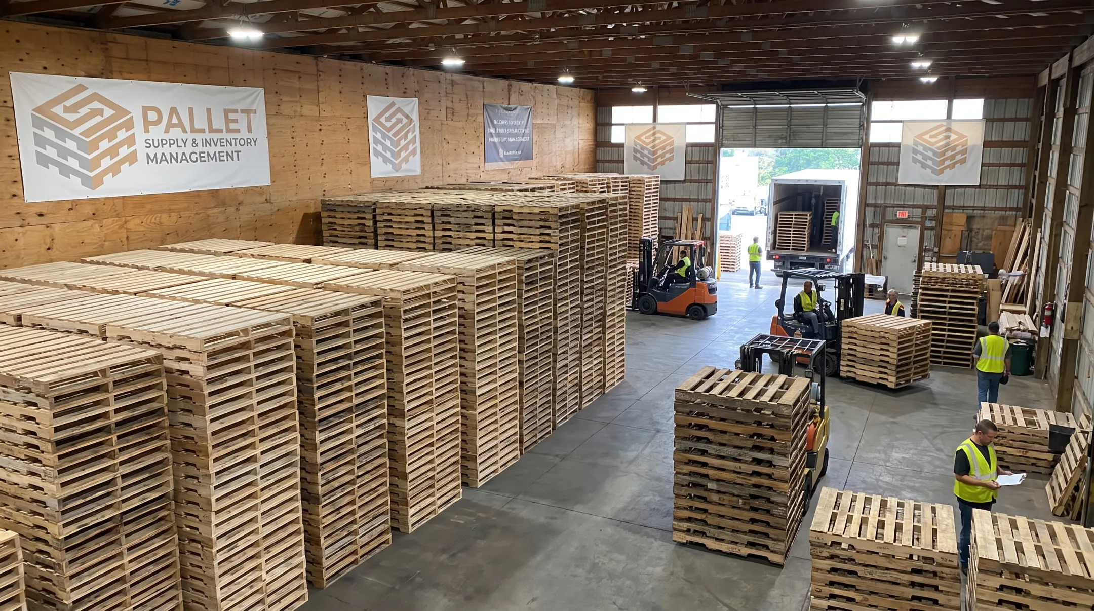 Warehouse stacked with new and recycled GMA wood pallets ready for shipment