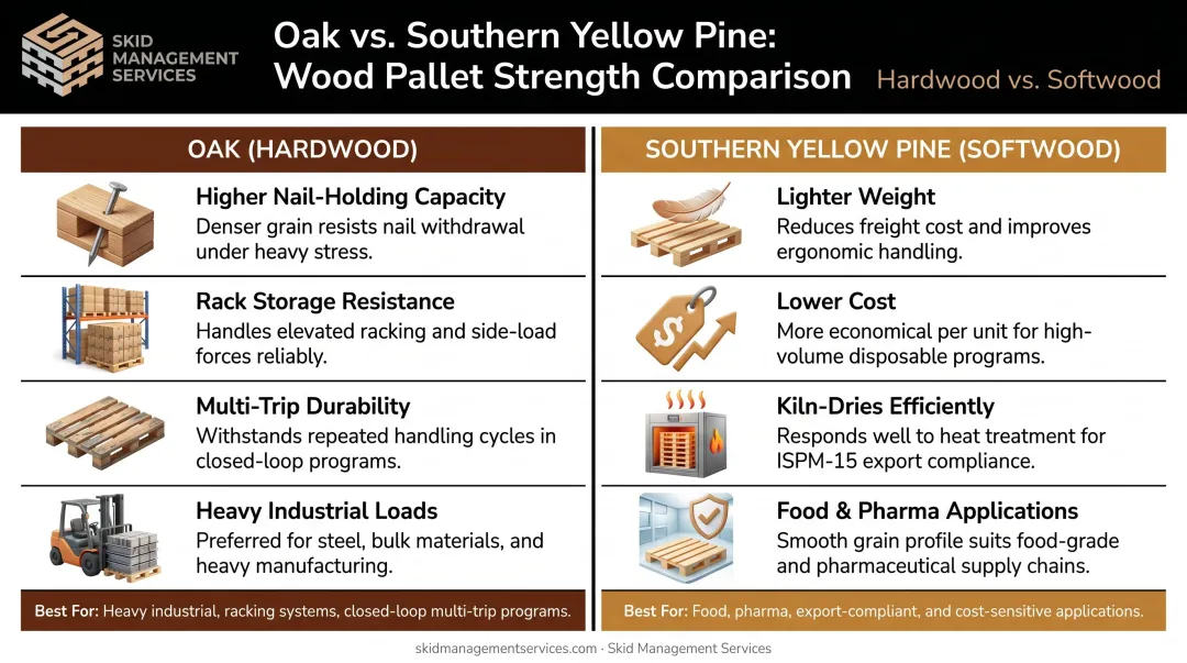 Hardwood oak versus softwood pine pallet trade-offs side-by-side comparison infographic
