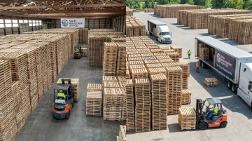 Skid Management Services warehouse pallet inventory stacked and ready for distribution