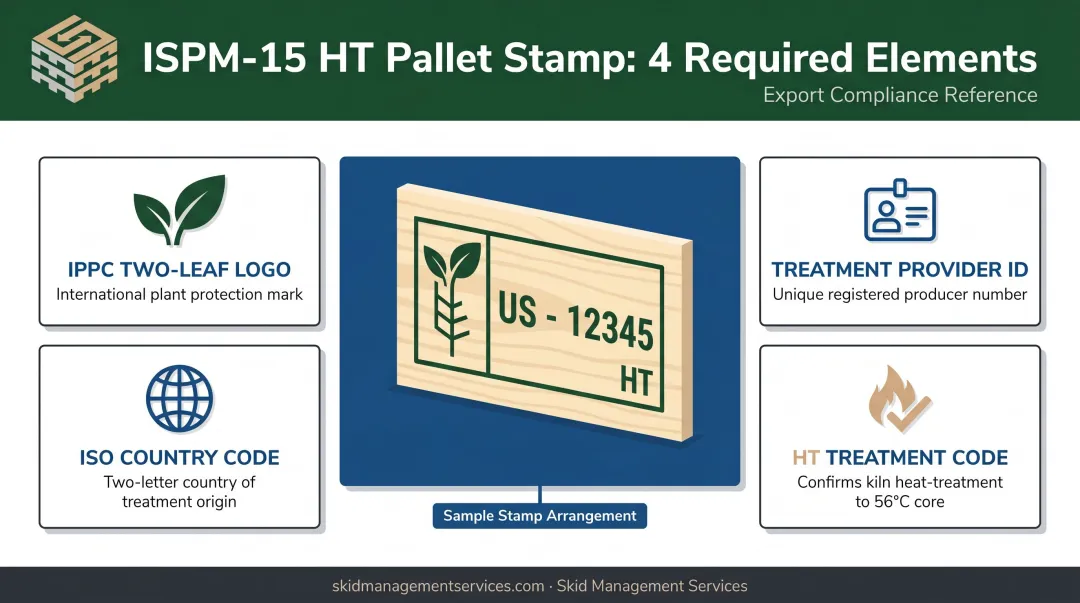 Four required ISPM-15 stamp elements on compliant heat treated pallets