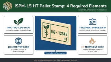 Four required ISPM-15 stamp elements on compliant heat treated pallets