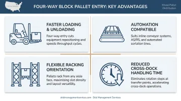 Four-way pallet entry operational benefits for warehouse forklift handling infographic