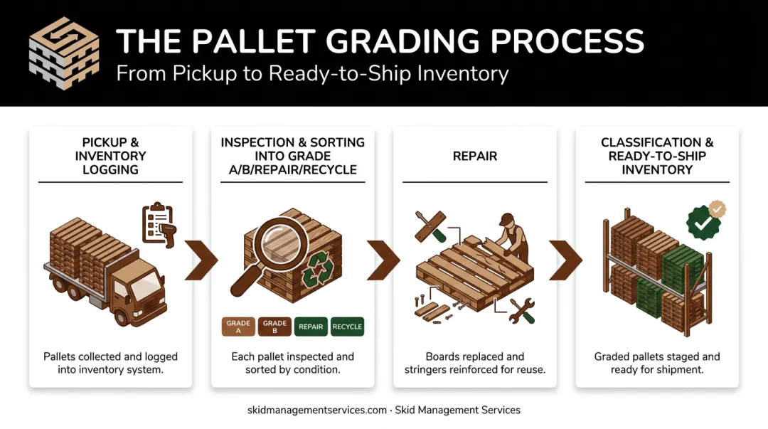 4-step wood pallet grading process from pickup to classification