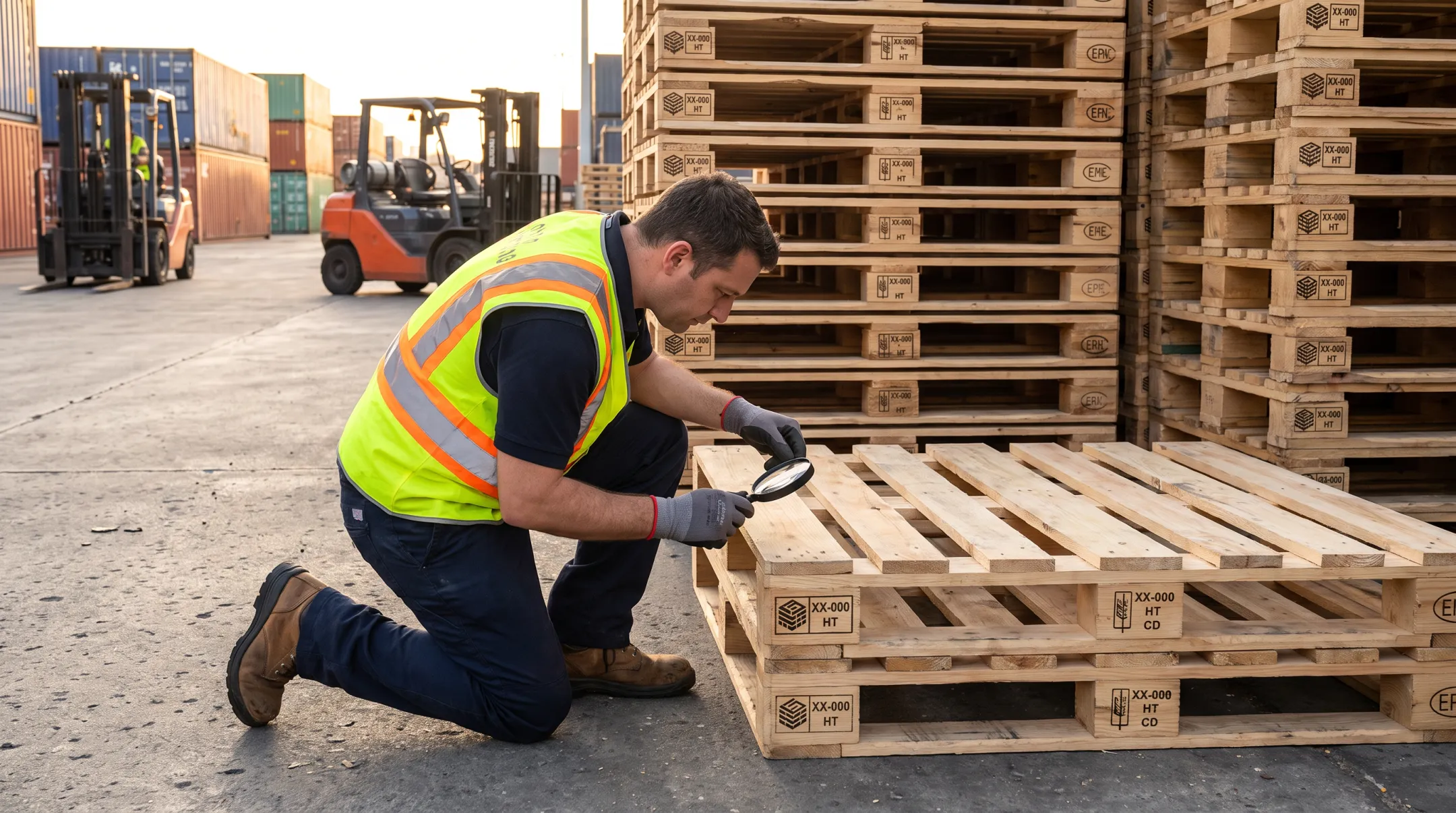 Warehouse worker inspecting heat-treated pallet stamp before export shipment