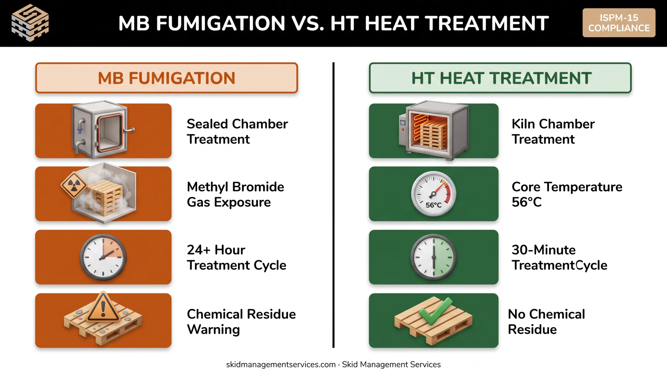 Fumigation versus heat treatment process comparison for wood pallets