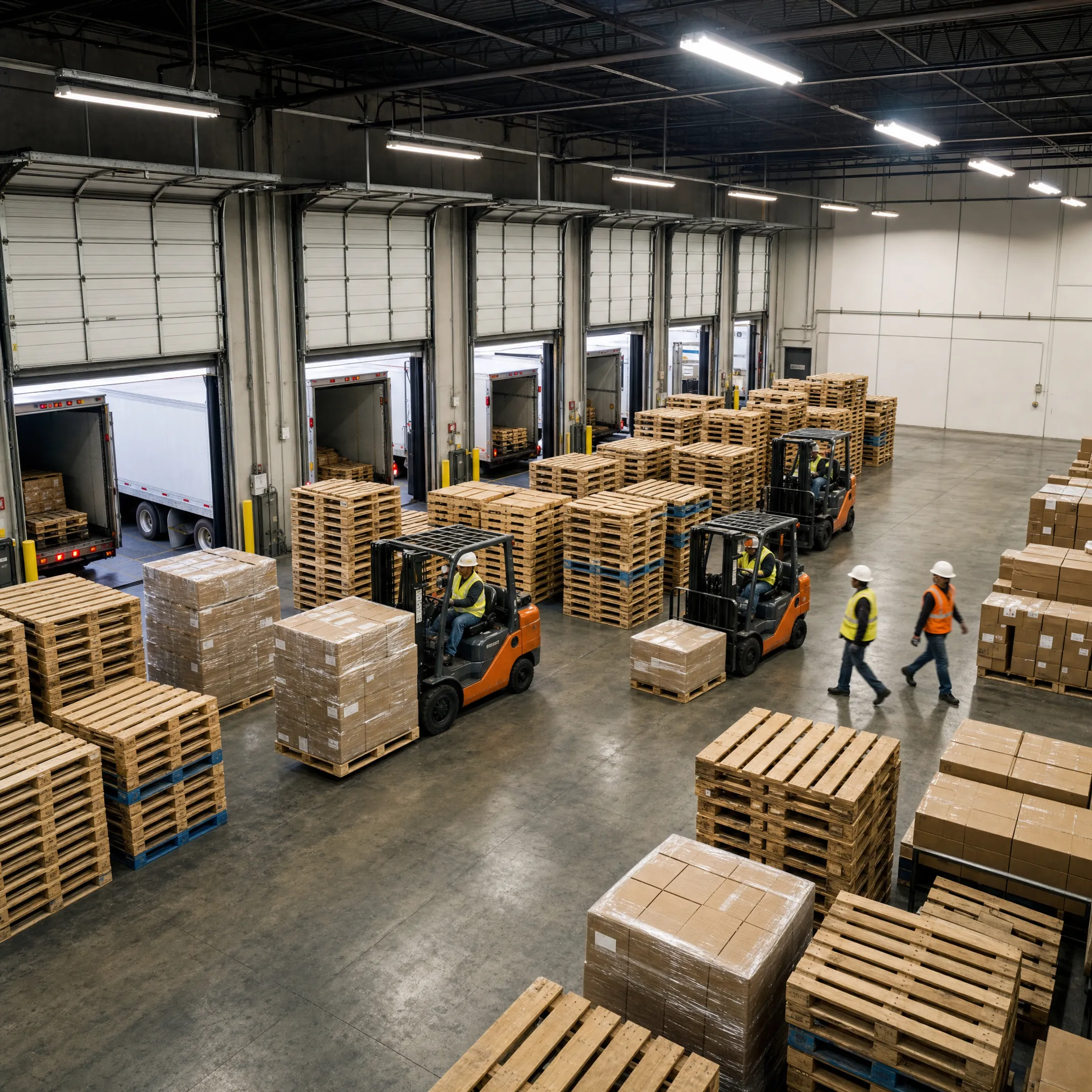 Pallets stacked in grocery distribution warehouse loading dock area