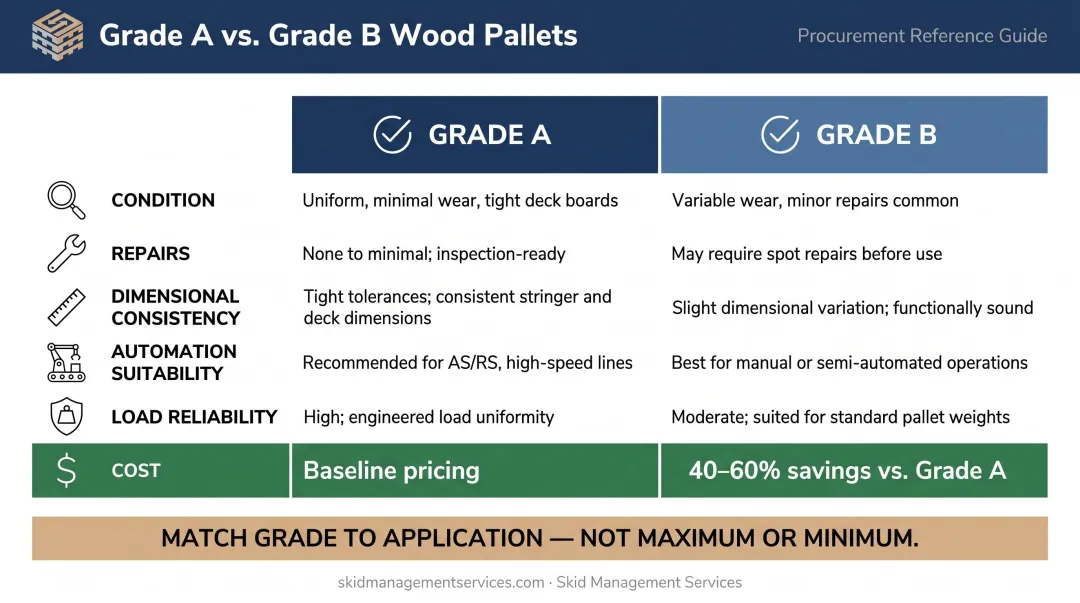 Grade A versus Grade B block pallet side-by-side decision comparison infographic