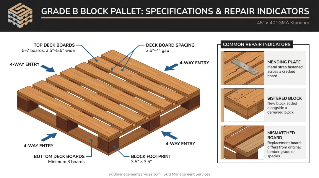 Grade B block pallet physical specifications diagram with labeled measurements and components